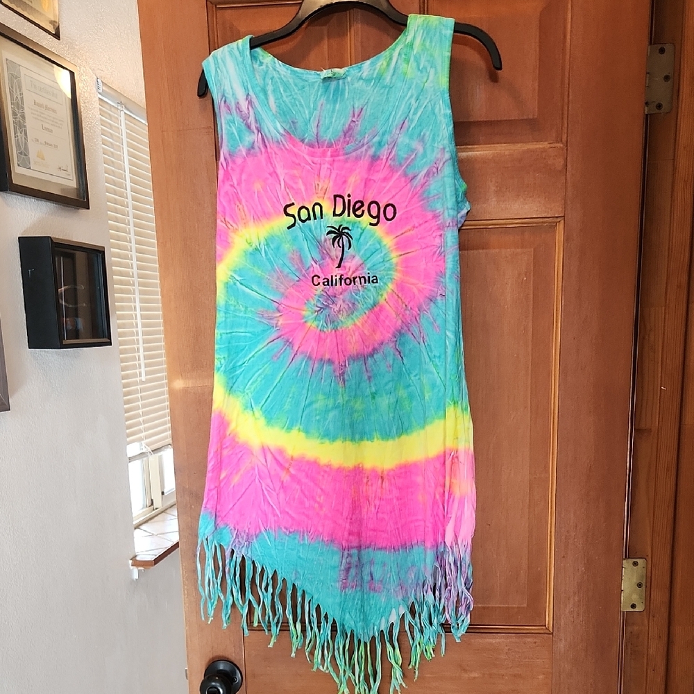 Tie-Dye Fringe Long Tank Swim Beach Cover Up Dress